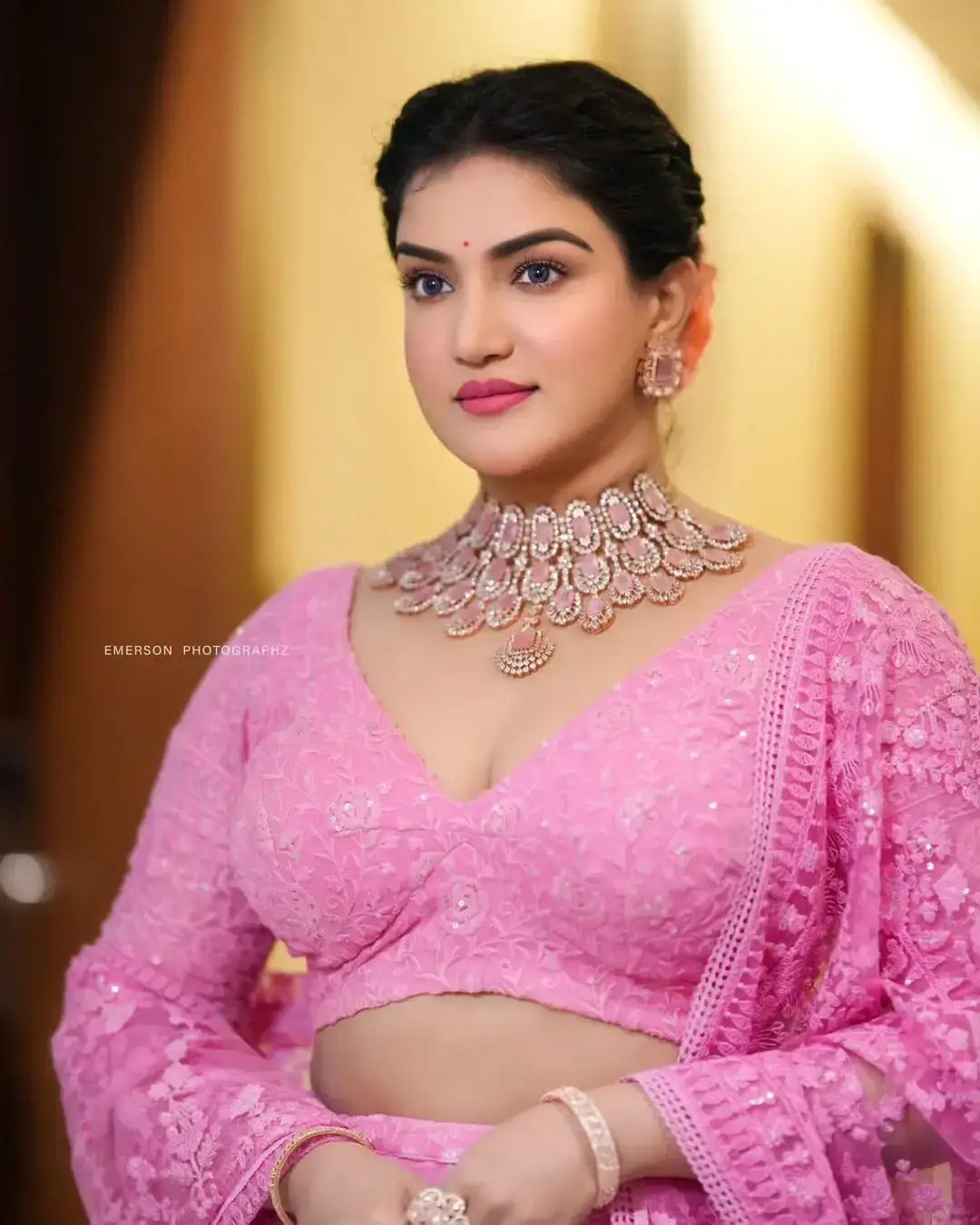 Beautiful Indian Actress Honey Rose in Pink Lehenga Choli